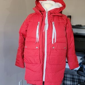 OROLAY Red and Black Patterned Down Jacket.Size XS. Warm and stylish.